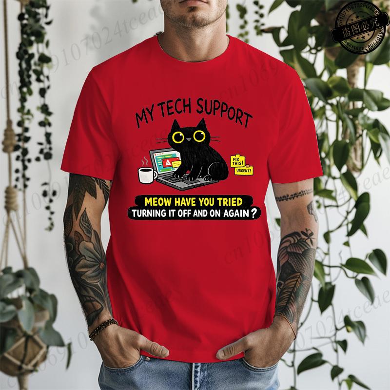 My Tech Support Is A Cat TShirts Funny Cat T Shirt IT Humor Tee Programmer Gift Work From Home Shirt Geek Cat Tee TShirts