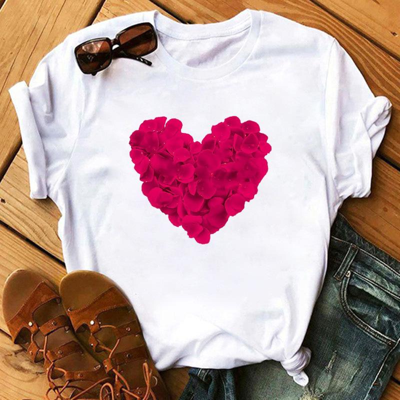 Fashion Kawaii Rose Flower Heart Graphic Women's T-Shirt Summer Loose Blouse 90S Short Sleeve O-Neck Tees Ladies White Y2K Tops