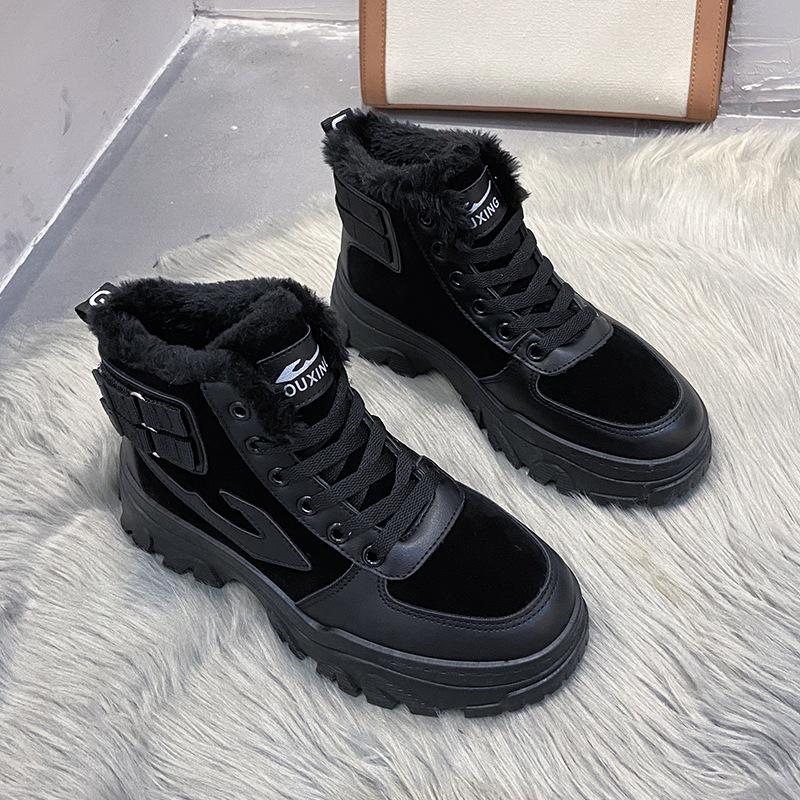 

2024 зимняя обувь женские зимние ботинки на танкетке на толстой подошве утолщенные плюшевые теплые женские туфли на платформе Zapatos De Mujer 40 чёрный