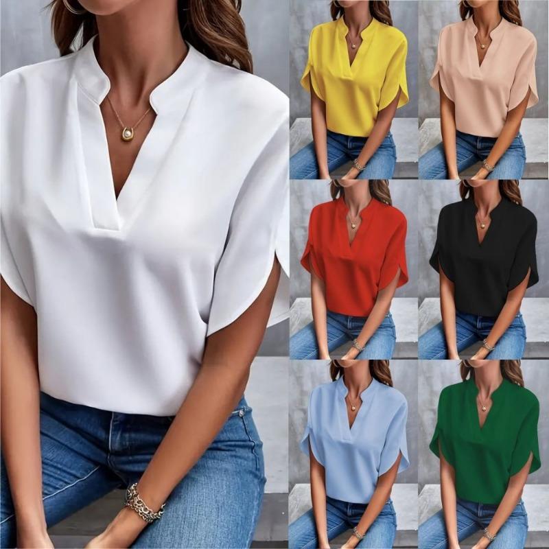 Damen 2025 Sommer Casual Einfarbig V-Ausschnitt Locker Bluse Tops für Damen