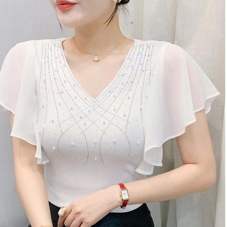 Summer European Women T-Shirt Clothes Sexy V-neck Luxury Hot Diamonds Tops Chic Female Short Sleeve All Match Tees