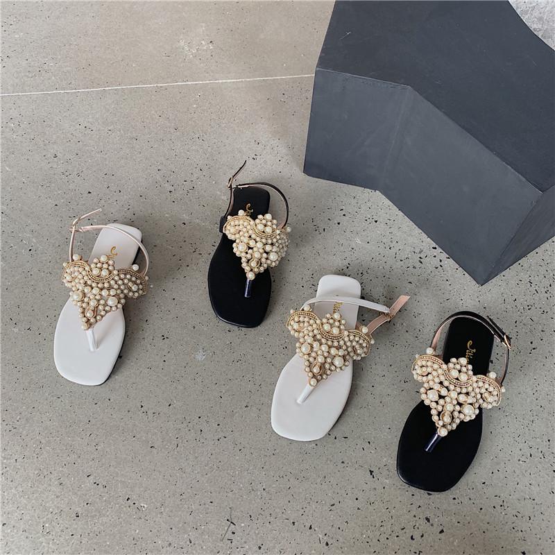 

Sandals women s summer rhinestone pearl temperament gentle flat bottom square head pinch open toe sandals buckle 39 чёрный