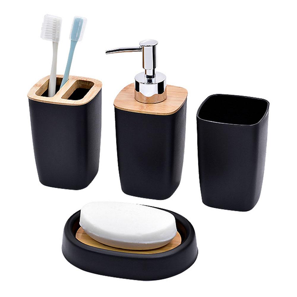 ZT230-4 4Pcs Luxury Bamboo PP Bathroom Toiletry Kit with Lotion Bottle Mouthwash Cup Toothbrush Holder Soap Dish