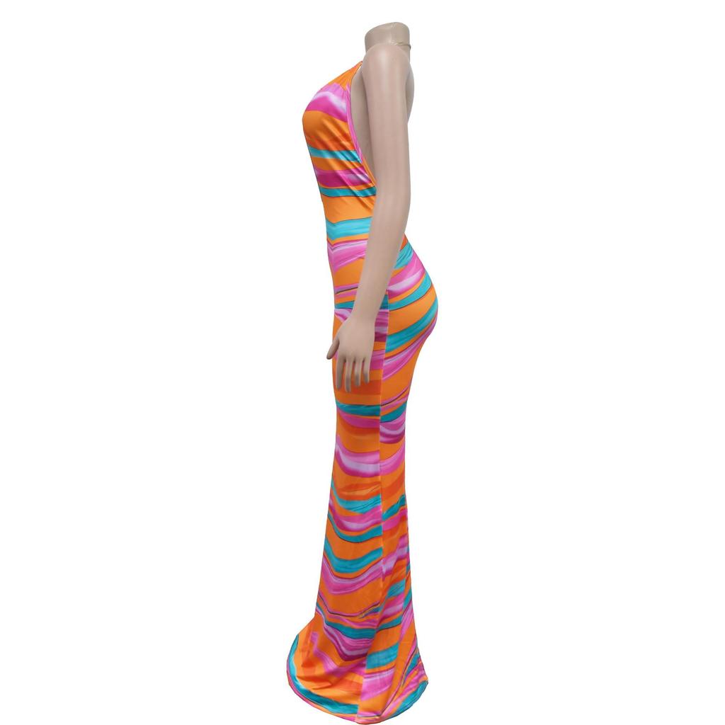 Women's Fashion Sleeveless V-Neck Backless Printed Maxi Dress