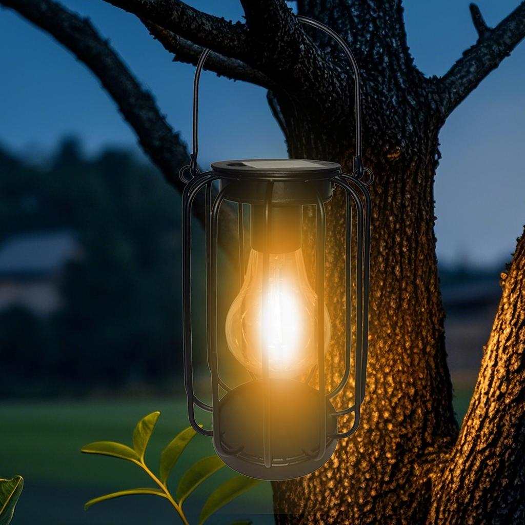 Solar-powered lantern light, hanging lantern with bulb, suitable for outdoor gardens, patios, lawns, and walkway decorations.