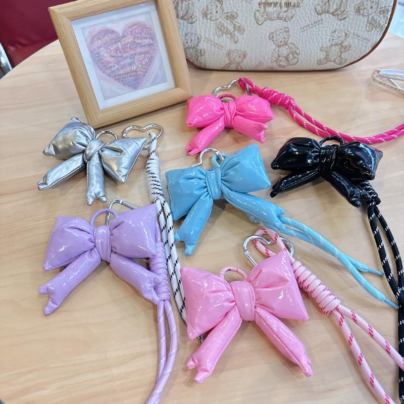 Y2K Trendy Candy Color Leather Cotton Filled Bow Keychain Sweet Bowknot Keyring Bag Pendant Backpack Hanging Decoration