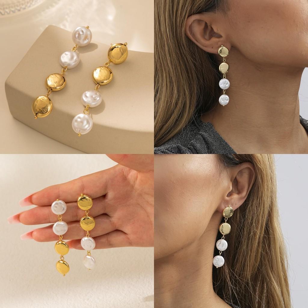 Chic 2023 Winter Gold Round Faux Pearl Earrings Stylish Long Design For Women