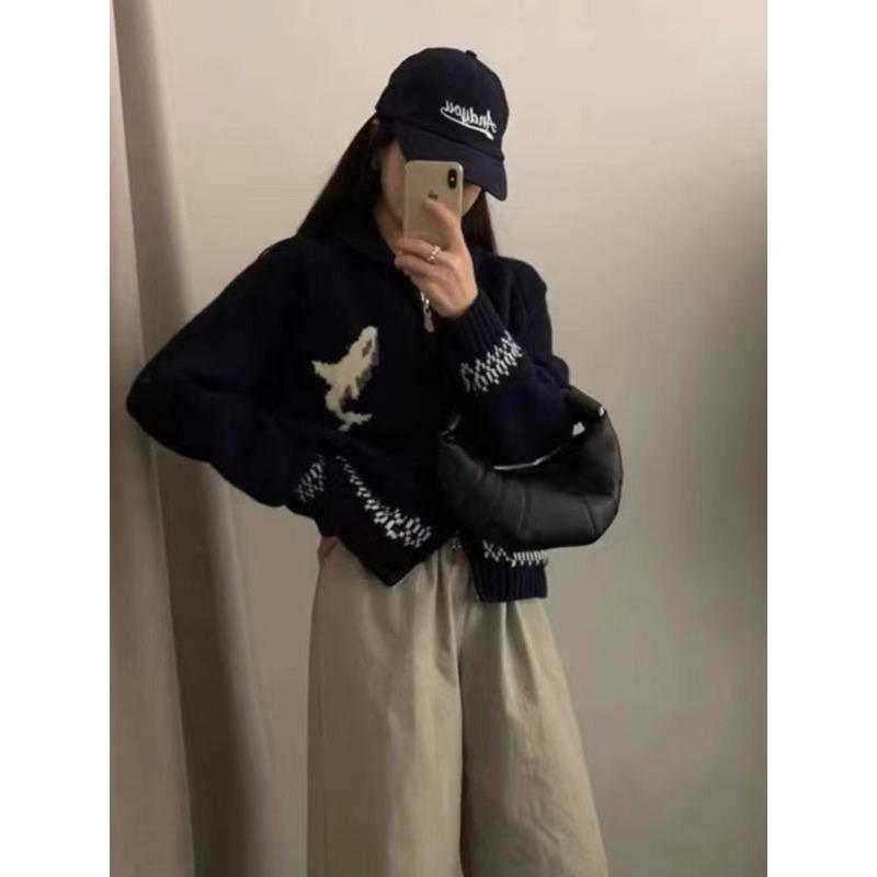 

Женская жаккардовая куртка-свитер на молнии с лацканами, осенне-зимняя новинка, свободный повседневный вязаный кардиган-топ average size темно-синий