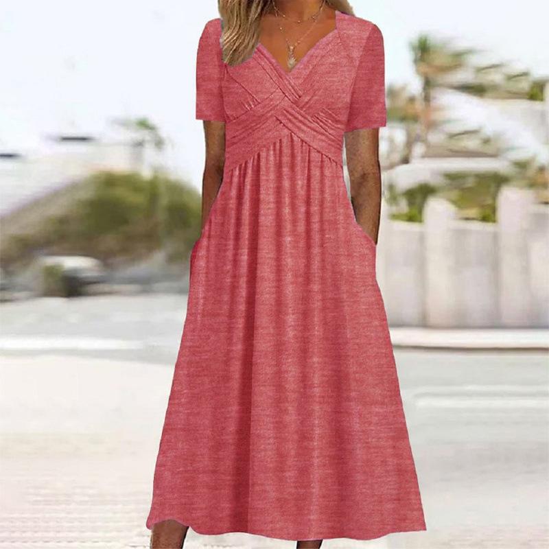 Women's V Neck Short Sleeve Maxi Dress Loose Fit High Waist Casual Summer Long Dress