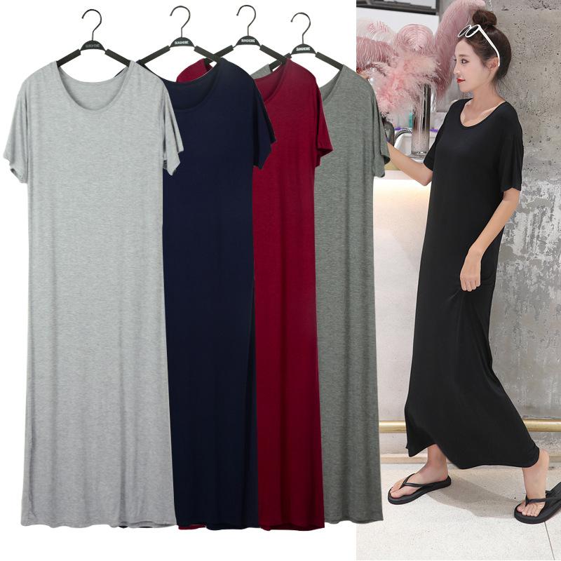 Women's Crew Neck Short Sleeve Modal Maxi Dress Loose Fit Korean Casual Solid Color A Line Long Summer Plus Size Slip Dress