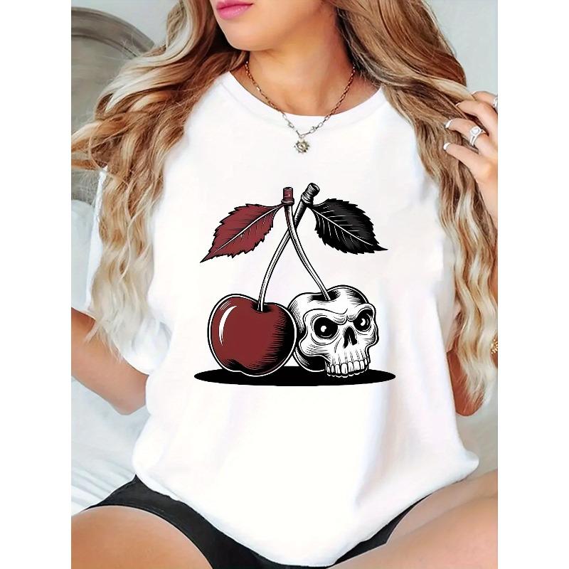 European Sizes Cherry & Skull Print Short Sleeve Crew Neck T-shirt