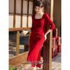 XWI Elegant French Style Square Neck Red Dress