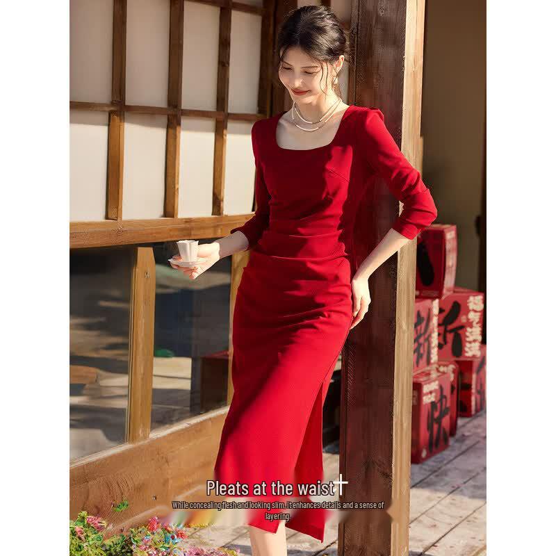 XWI Elegant French Style Square Neck Red Dress