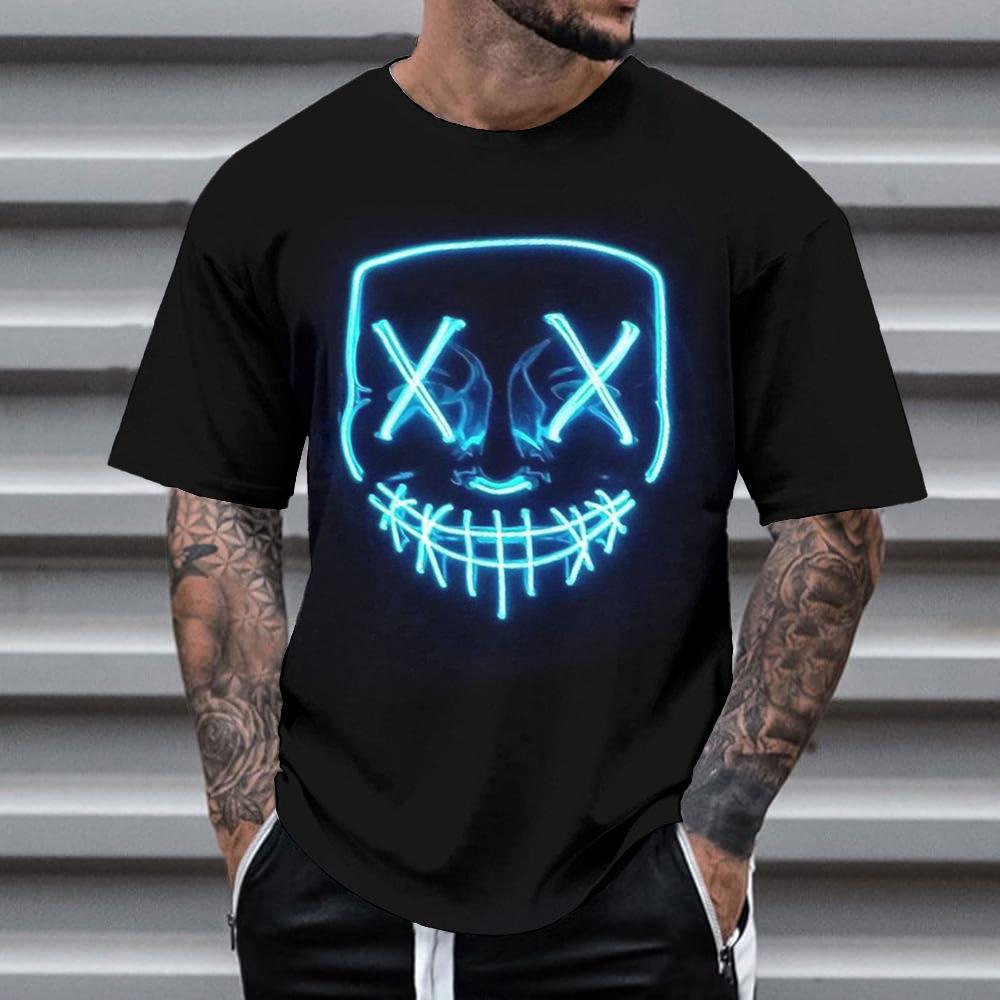 Summer Round Neck 3D Neon Graffiti Skull Graphic Print Top Fashionable Casual Short Sleeved Men's T-shirts