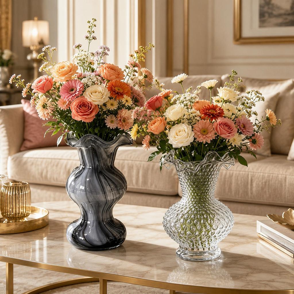 Clear Hobnail Glass Flower Vase with Ruffled Rim, Handmade Bubble Texture Vase for Home Decor