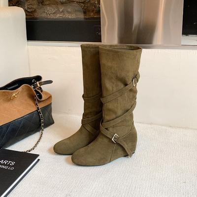 Inner Heightening Boots Women's New Autumn Retro Versatile Stacking Boots Belt Buckle Slim Tall Knight Boots