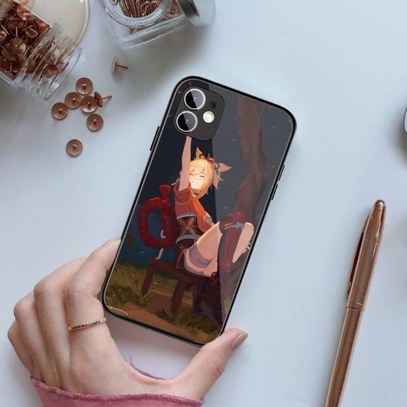 Genshin Impact Yoimiya Handyhülle für IPhone 14 13 12 11 XS X 8 7 6 Plus Mini Pro Max SE 2022 Schwarz PC TPU Glas Handyhülle