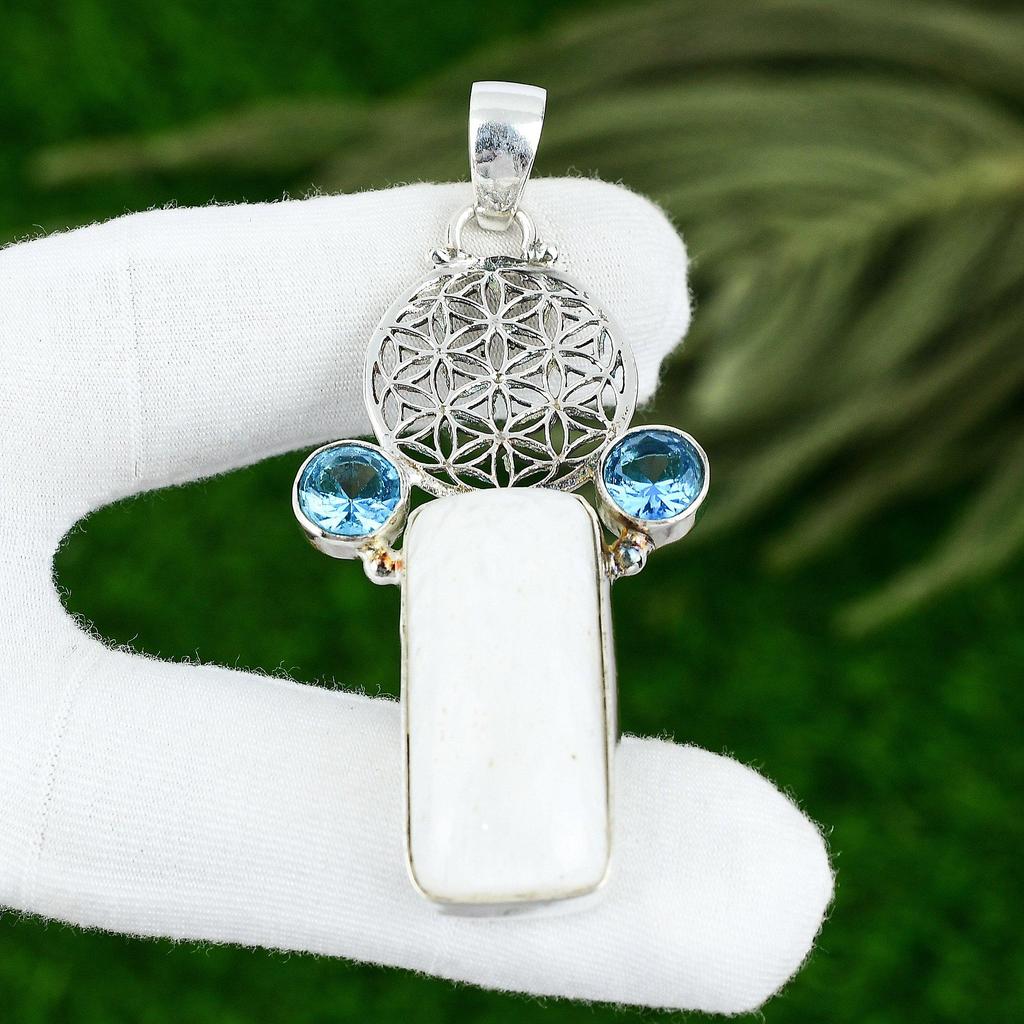Sterling Silver Natural Scolecite Swiss Blue Topaz Daughter Boho Pendant Jewelry