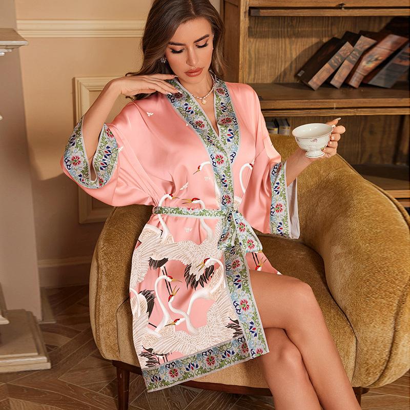 Pijama de seda de hielo estampado para mujer, bata de baño corta