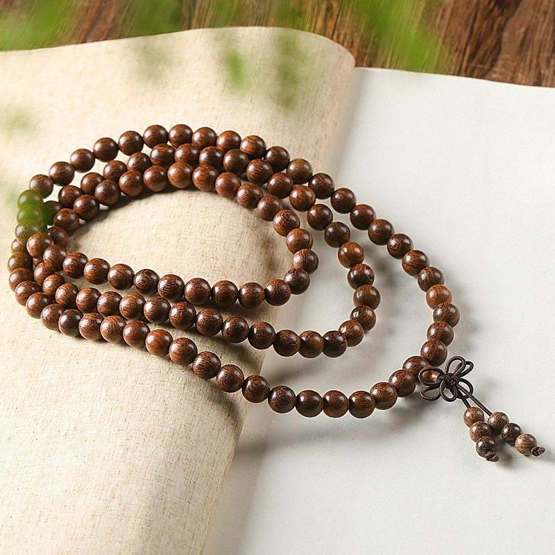 Handmade 108-Bead Golden Silk Sandalwood Bracelet, 6/8/10mm, Retro New Chinese Ethnic Unisex Jewelry, Travel Souvenir