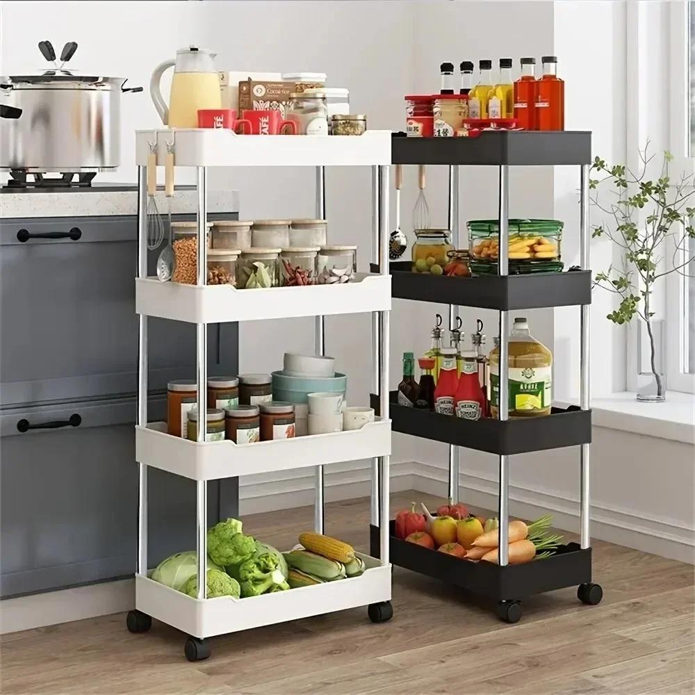 Slim Storage Cart On Wheels Rolling Utility Slide Bathroom Trolley 3/4 Tier Bookshelf Organize Snacks Carts Kitchen Bedroom Rack