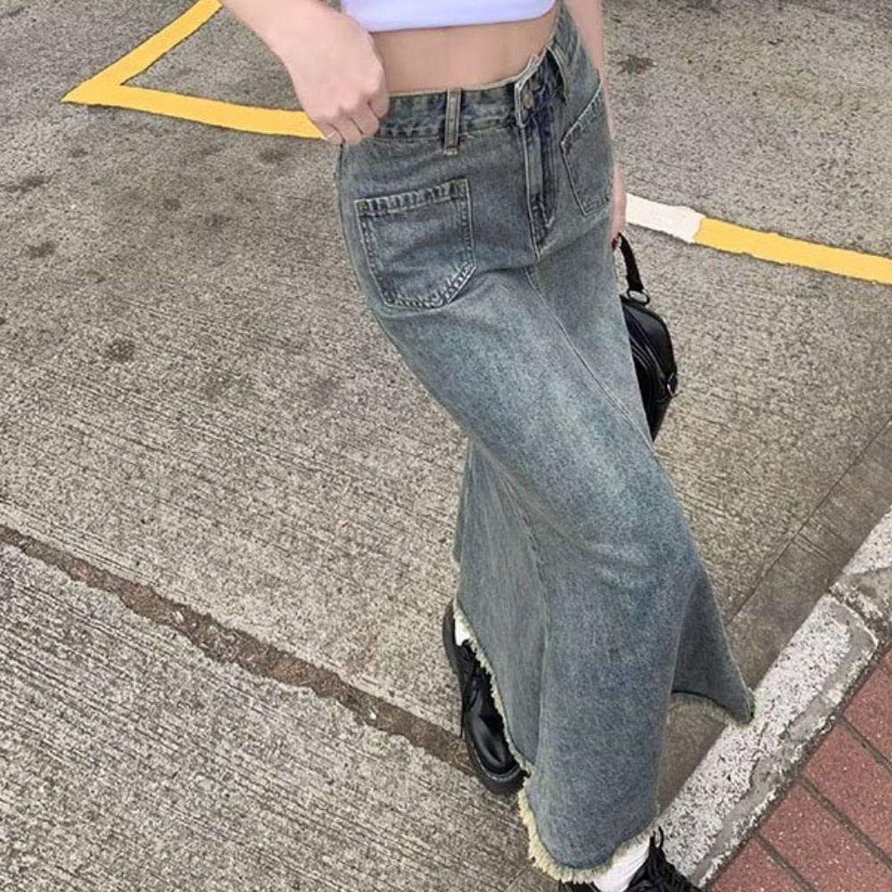 Solid Color High Waist Long Skirt High Waist A-line Half Dress Fashion Hairy Fishtail Skirt  Summer