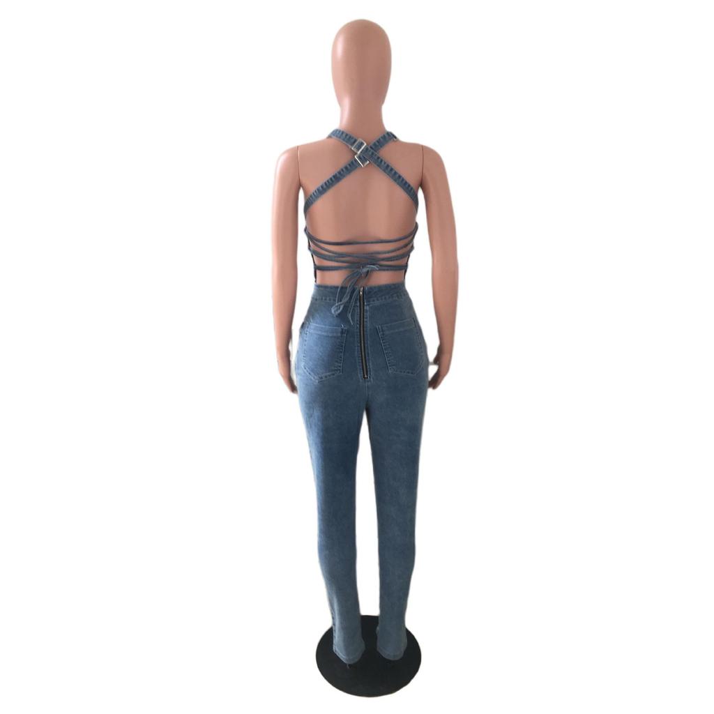 European American Casual Slim Backless Bandage Denim Jumpsuit