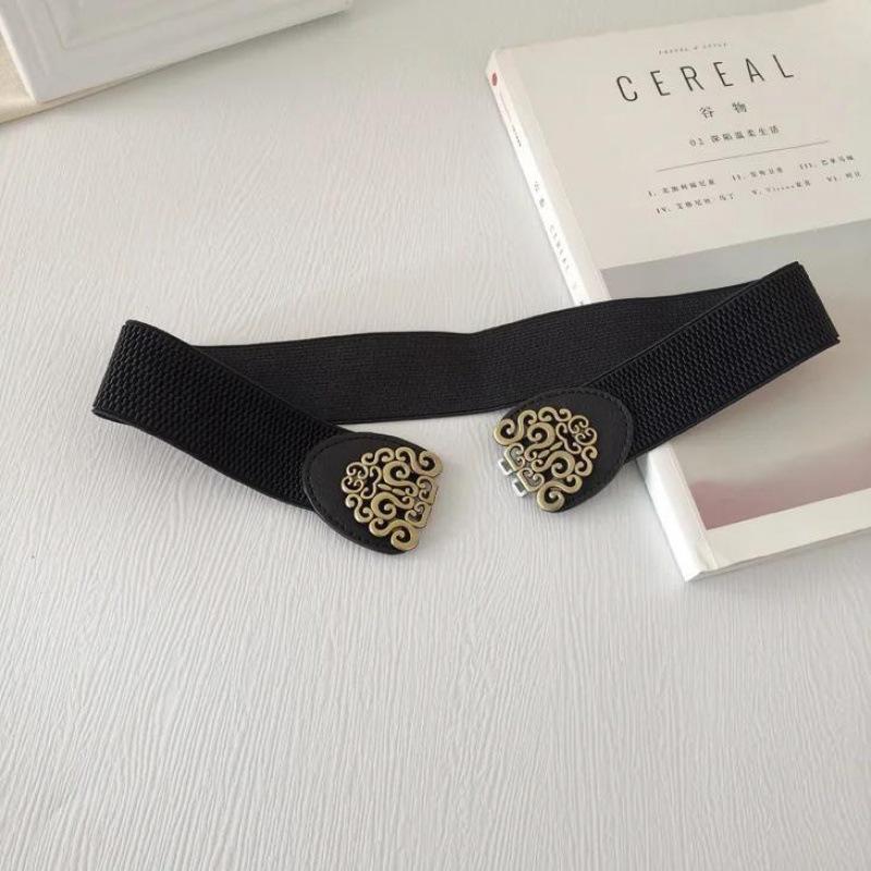 Black Retro Floral Waist Belt For Women Comfortable Elastic Styling Accessory For Outfits