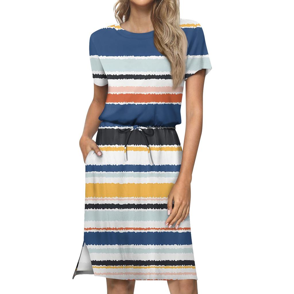 Women's Lashionable Loose Fitting Casual Printed Round Neck Short Sleeved Drawstring Pocket Dress