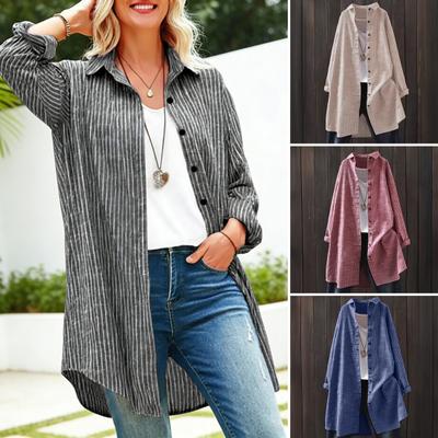 Women Shirt Lapel Long Sleeve Loose Fit Shirt Tops Striped Print Mid-length Summer