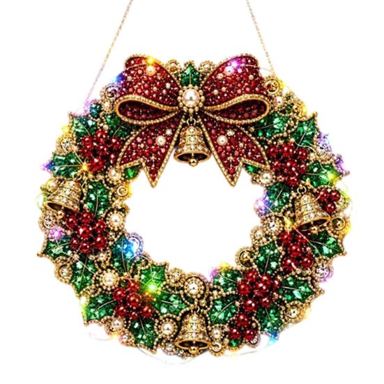 Funkelndes Edelstein Bastelset DIY Acryl Weihnachten Kunstperlen Aufhänge-Set, Beleuchteter Kranz 3D Perlen-Sets für Erwachsene Set mit LED-Lichterkette