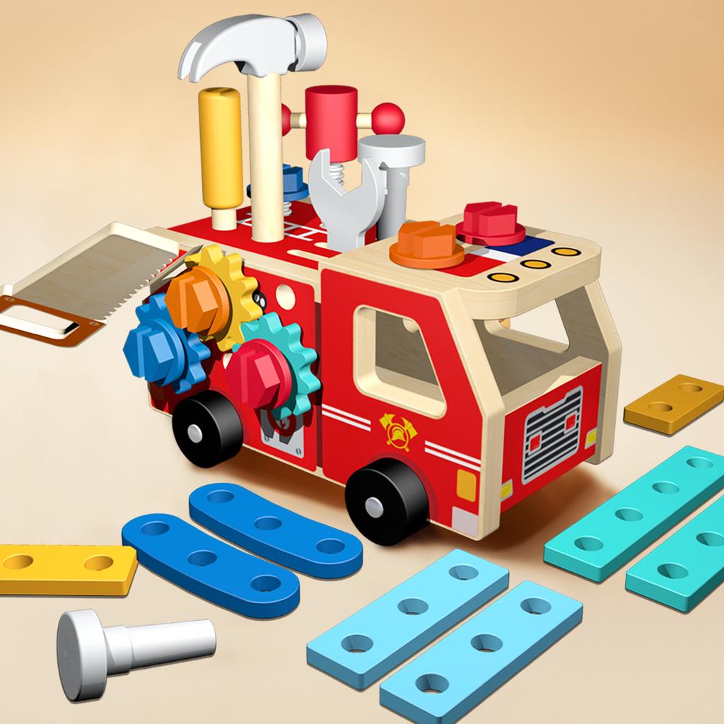 Wooden Montessori Fire Truck - Nut Screw Disassembly Assembly Tool Car, STEM Toy for Toddlers to Develop Hands-On Skills