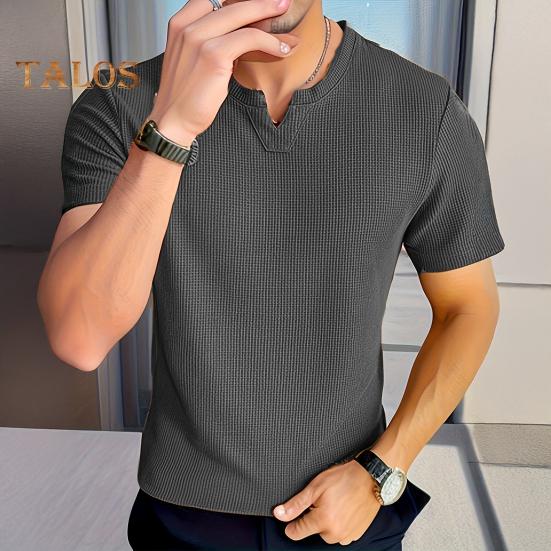 Tricou bărbați cu guler în V, mânecă scurtă, culoare solidă, Slim Fit, moale, respirabil, vară, casual, topuri, purtare zilnică