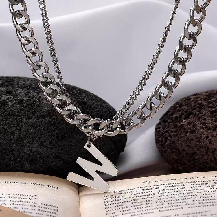 Titanium Steel Personalized Letter W Necklace Double Layer Stacked Sweater Chain Versatile Simple Hip Hop Cuban Chain Korean Style Unisex Trendy
