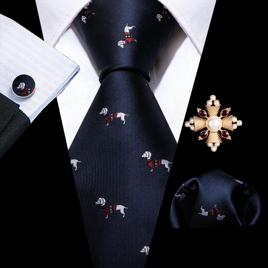 Pearl Brooch with Silk Tie for Men Vintage Floral Teal Necktie Hanky Cufflinks Gift Formal Set