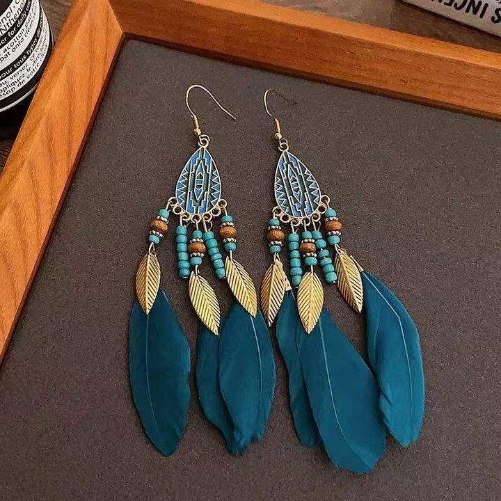 Bohemian ethnic style fringed earrings long niche woven feather earrings new travel wear earrings women
