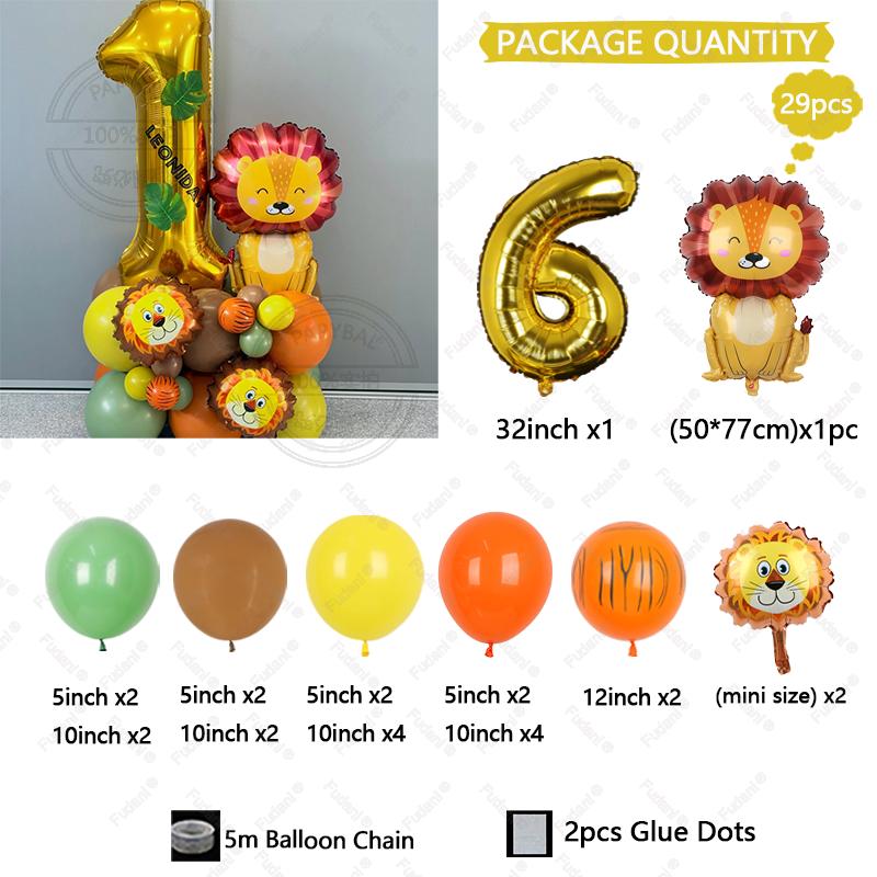 Set de 29 ballons dorés Chiffres 1-9 Anniversaire Ballon Lion Dessin Animé Thème Animaux de la Jungle Décoration de Fête Accessoires Photo Festival
