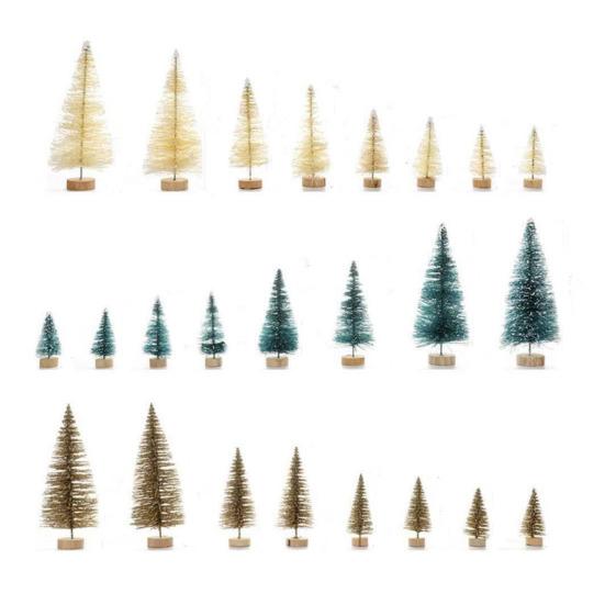 Mini-Weihnachtsbaum-Set, künstliche Flaschenbürstenbäume mit Holzsockel, Weihnachtsbaumfigur aus Kunststoff für den Schreibtisch, für die Dekoration zu Hause, im Büro, bei Partys