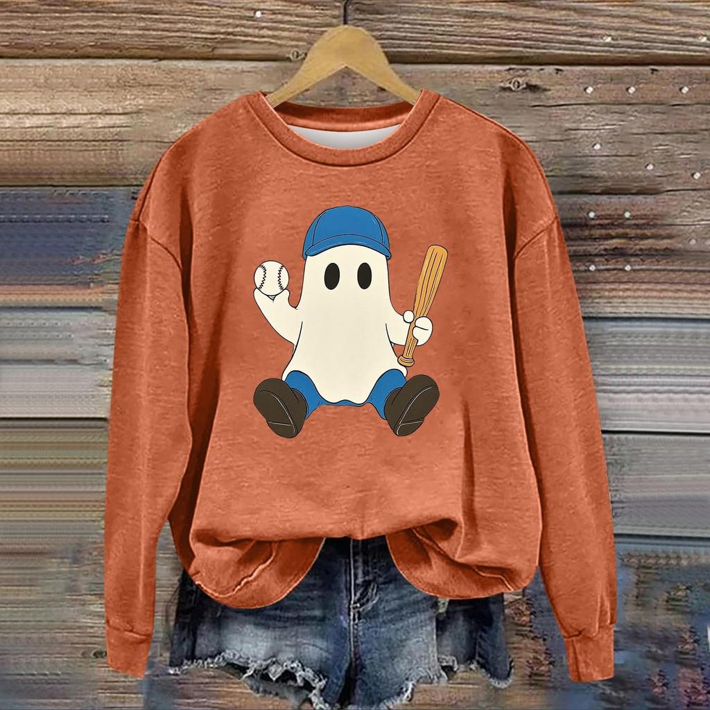 Women's Fashion Long Sleeve Halloween Print Round Neck Sweatshirt Top