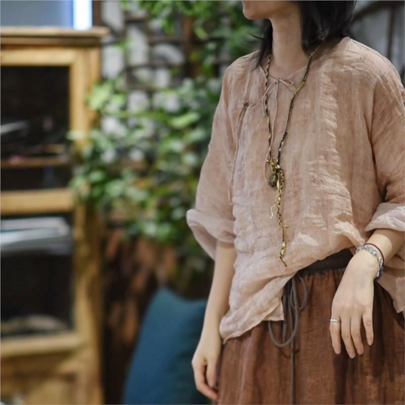 Johnature Women Chinese Style Shirts Solid Color O-Neck Long Sleeve Autumn Blouses Belt Loose Vintage Shirts