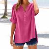 Women's Summer Casual V-neck Button Shirt Solid Color Short Sleeve Hem Split Cotton Blouse