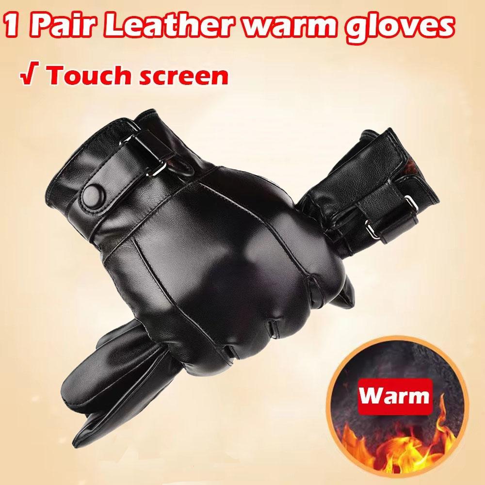 Winter Warm and Waterproof Leather Gloves Men's Cashmere Lining Windproof Outdoor Motorcycle Riding Touch Screen Thick Gloves
