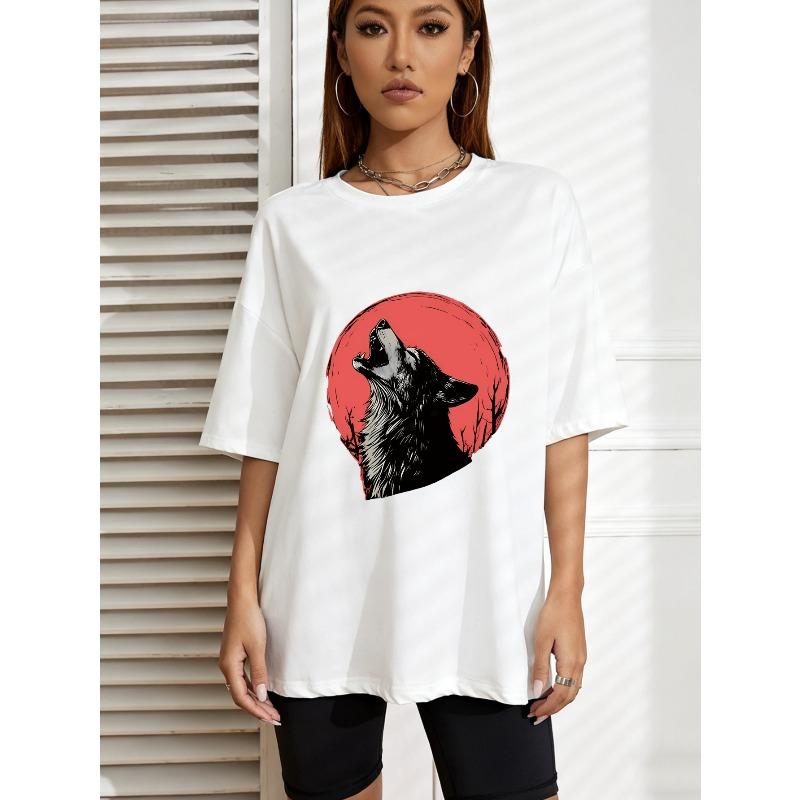 

Графическая футболка с воющим волком, принт белого волка и красной луны, повседневная летняя одежда для женщин XXXXL белый