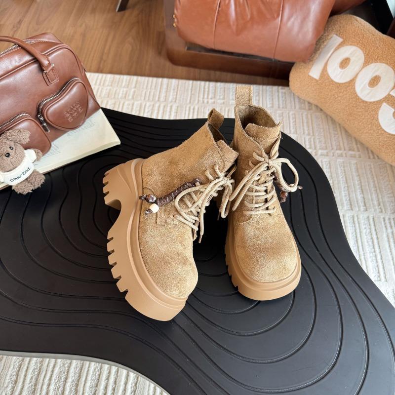 Autumn New Frosted Leather Martin Boots Women's Shoes Platform Muffin Round Head Lace-up Casual Locomotive Boots Short Boots Women