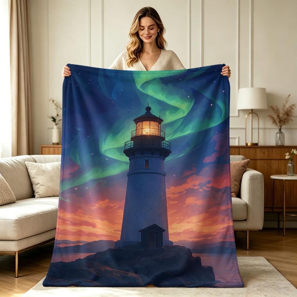 Soft Flannel Throw Blanket with Lighthouse Northern Night Sky Print for all Season Warm Cozy Lightweight Blanket for Sofa Couch Bedroom Living Room Of