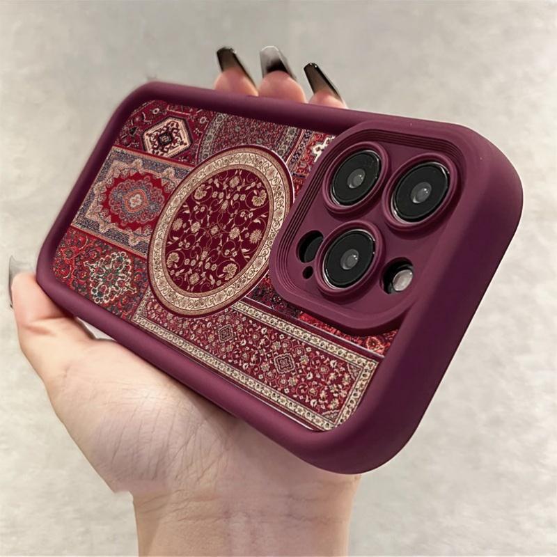 Wine red patterned carpet pattern phone case suitable for iPhone 17 16 15 14 13 12 11 Pro/Max/Plus anti drop and shockproof