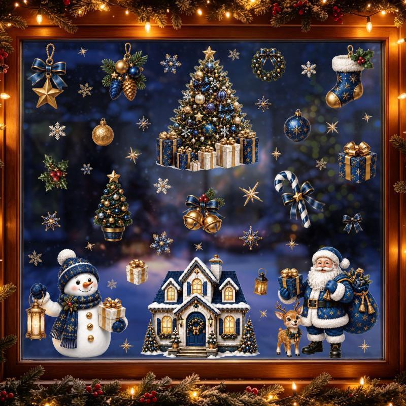 1/2/4 Sheets Cartoon Snowman Snowflake Santa Claus Christmas Window Wall Decals New Year Windows Stickers Self-Adhesive Decor