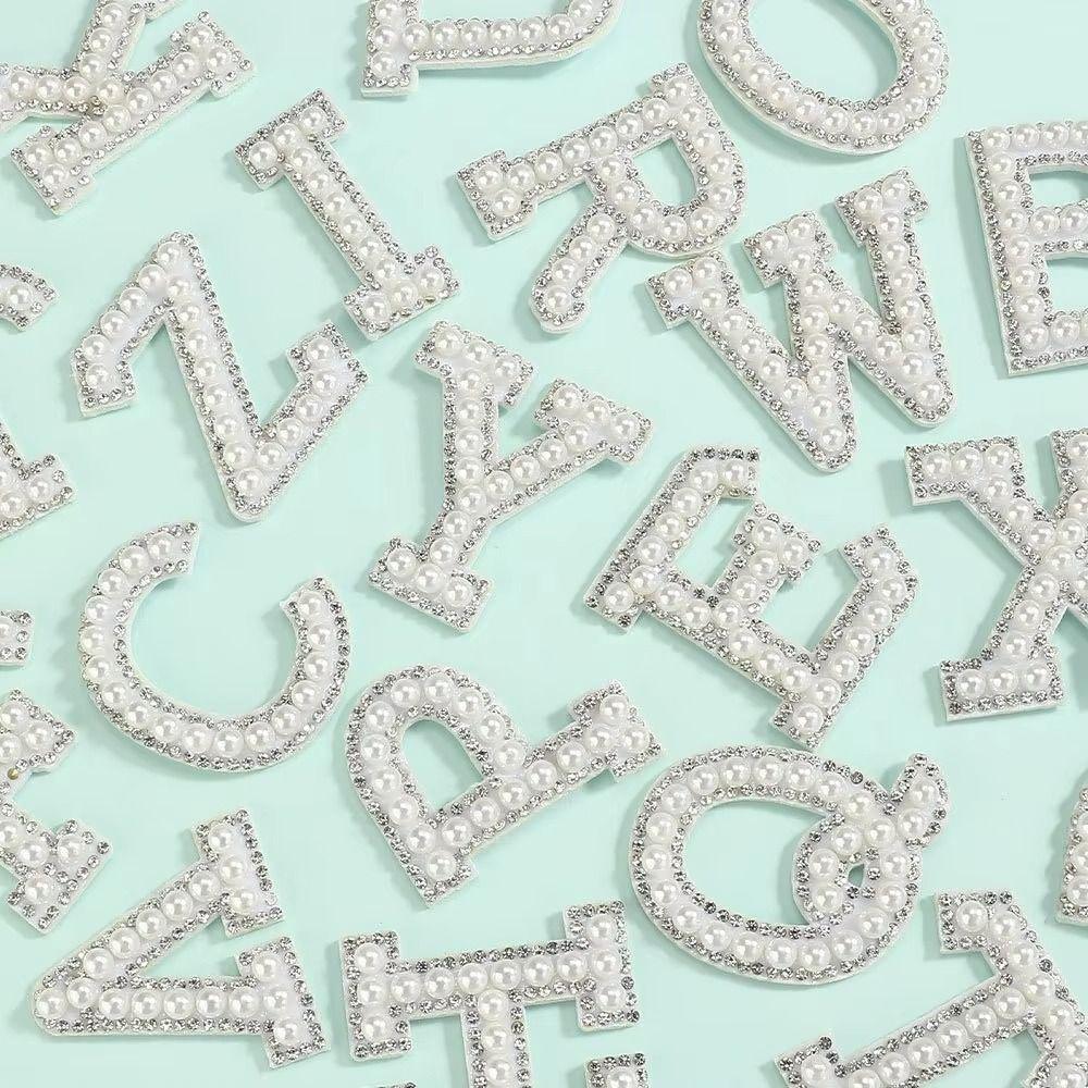26Pcs A-Z Alphabe 26 Letter Applique Beaded Pearl Alphabet Patch Rhinestone Letter Patches Bags