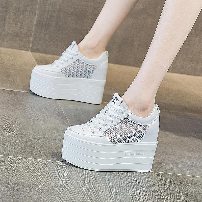 Fashion 12cm Air Mesh Chunky Sneakers Wedge Platform Lace Breathable Hollow Shoes Vulcanized Summer Genuine Leather Hidden Heels