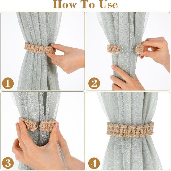 4 Pack Boho Braided Curtain Tiebacks, Farmhouse Rustic Curtain Tie Backs Handmade Light Weight Drapes Holdbacks Flexible Burlap Rope Tie for Home